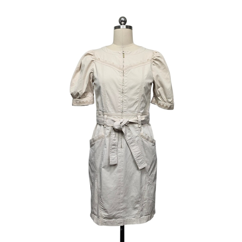 Anthropologie Beige Cotton Utility Puff Sleeve Zip Front Belted Mini Dress Sz 8